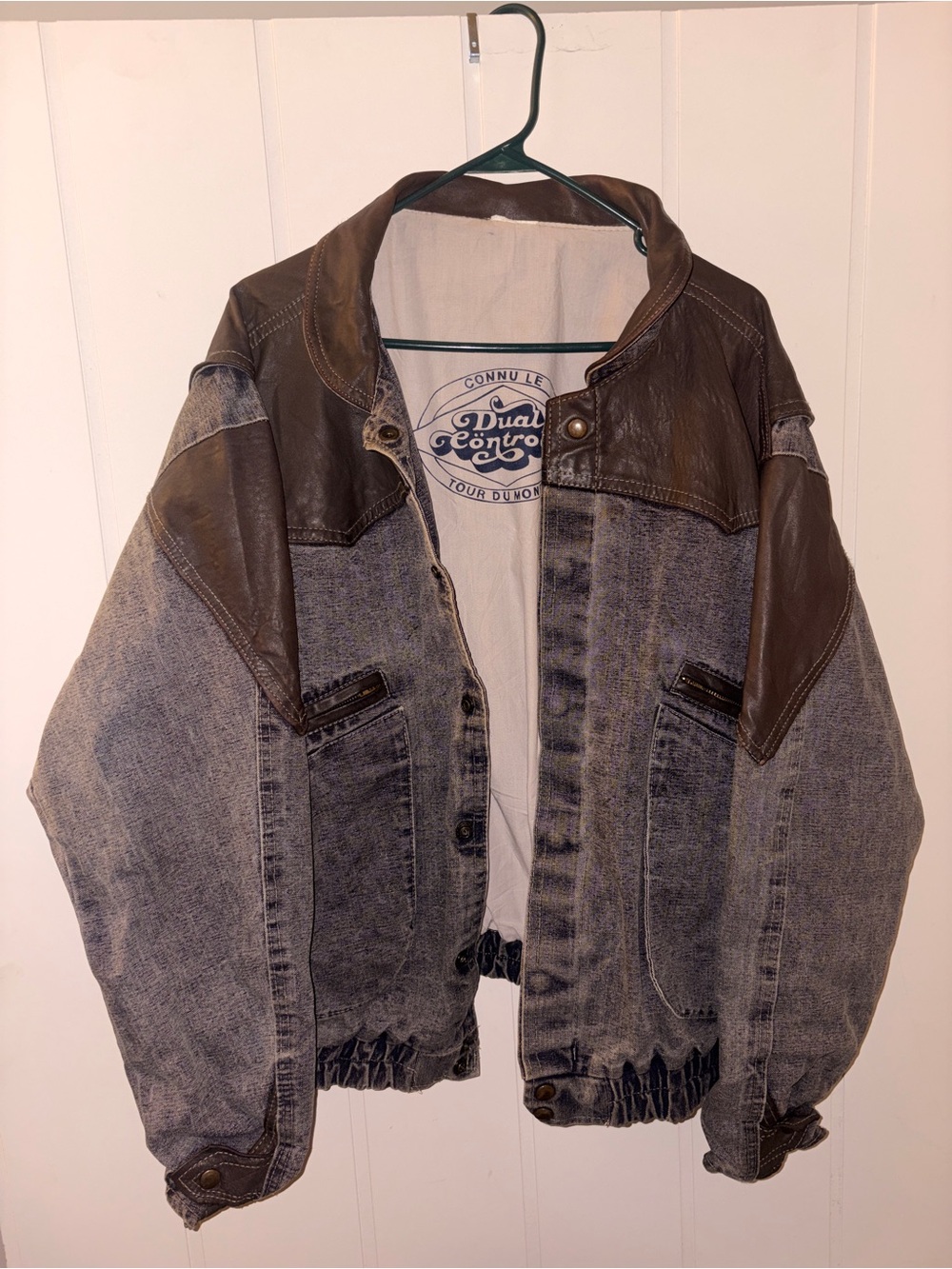 Vintage Men's Two-Tone Brown Denim and Leather Jacket-read description